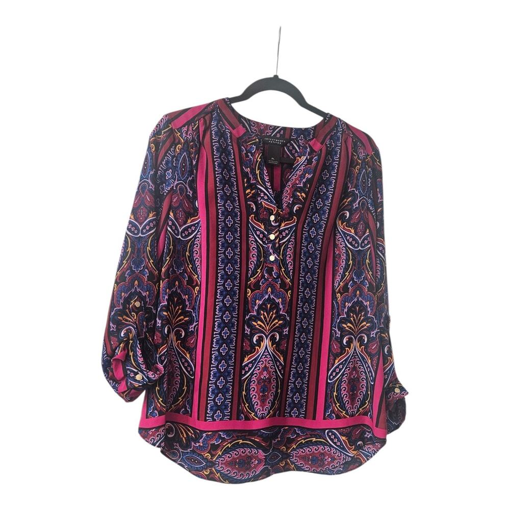 Investments Petites Womens Size PL Blouse Roll Tab Sleeves Pullover Split Neck
